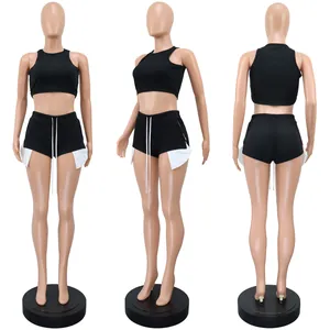Front side and back view of black sleeveless crop top and matching drawstring shorts set