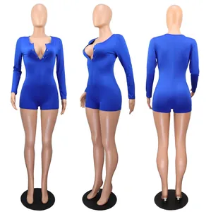 Detailed views of sexy blue V-neck button long sleeve romper from three angles