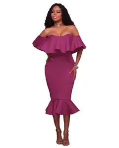 Elegant purple off-the-shoulder ruffle mermaid dress for plus size women's fashion