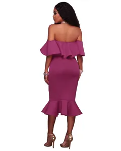 Rear view of elegant purple off-the-shoulder dress with ruffled hem and ruffles