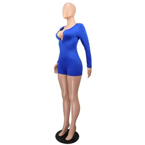 Detailed side view of a sexy blue V-neck long sleeve button romper for women.