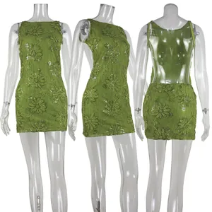 Green lace sequin mini dress with backless design and floral embroidery detail