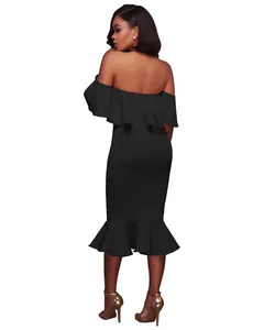 Back view of elegant black off-shoulder midi dress with ruffle details and mermaid hem