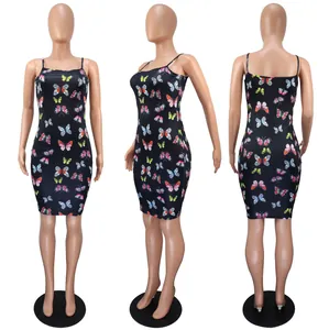 Detailed views of sexy butterfly print bodycon dress with spaghetti straps and backless design