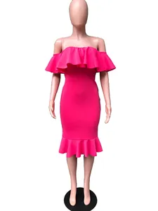 Sexy hot pink off-the-shoulder midi dress with elegant ruffle detail and flounced hem line