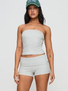 Slim fit grey cotton two-piece yoga set featuring a tube top and fold-over shorts design