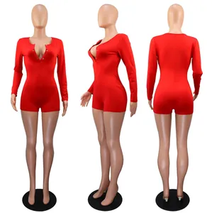 Detailed views of sexy red long-sleeved romper with V-neck button design for loungewear.