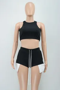 Two-piece black ribbed crop top and side slit shorts set with white drawstring detail