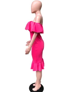 Side view of pink off-shoulder dress with elegant ruffle detail and mermaid hem