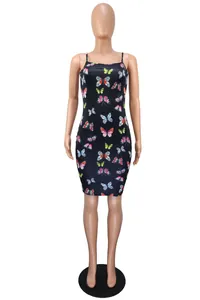 Detailed view of a sexy black mini bodycon dress with colorful butterfly prints.