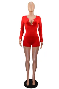 Sexy red long sleeve button-down V-neck romper loungewear for women in solid color