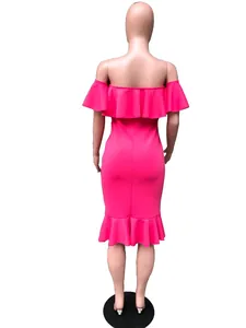 Back view of a vibrant pink off-the-shoulder midi dress with ruffle details