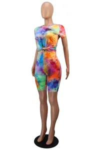 Premium two-piece colorful tie-dye t-shirt and shorts set displayed on mannequin side view