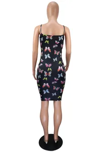 Rear view detail of a sexy butterfly print spaghetti strap bodycon mini dress in black