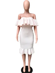 Detailed front view of pink off-the-shoulder dress with elegant ruffle trim and slim fit design