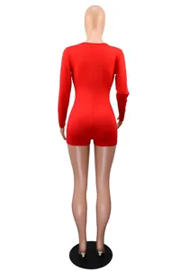 Detailed back view of sexy red long-sleeved solid color romper jumpsuit loungewear