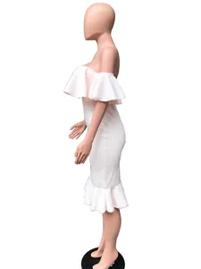 Elegant pink off-shoulder midi dress with ruffled details, mannequin side view detail