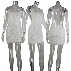 Multi-angle view of white lace embroidered sequin backless party dress on clear mannequins