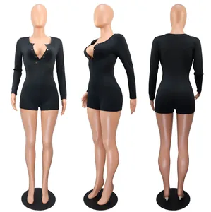 Front, side, and back view of a black V-neck long-sleeve romper on mannequins
