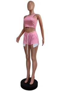 Pink sleeveless crop top and drawstring shorts two-piece summer outfit set