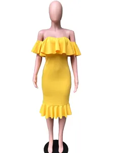 Vibrant yellow off-the-shoulder dress featuring ruffled neckline and mermaid hem details