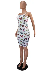 Close-up side view of a women's bodycon camisole dress featuring vibrant butterfly prints.