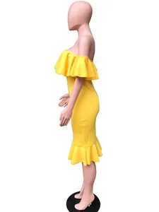 Side profile of a bright yellow off-the-shoulder midi dress with ruffle trim detail.