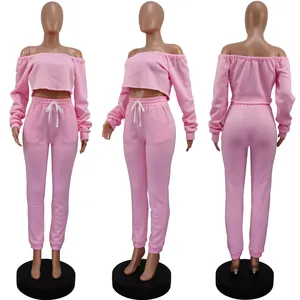 Detailed multi-angle view of a pink off-the-shoulder two-piece fleece loungewear set