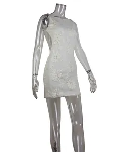 White floral lace mini dress with sequins and open back for party