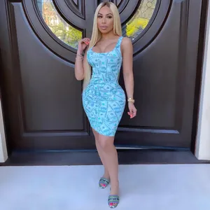 Sleeveless sexy slim-fit bodycon mini dress with blue dollar bill money print pattern