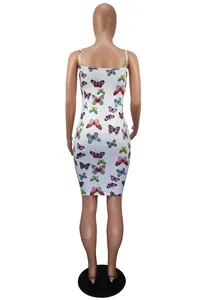 Rear view of a white bodycon mini dress featuring a vibrant multi-colored butterfly print
