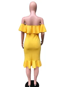 Back view of a yellow off-shoulder midi dress featuring elegant ruffle details and fit