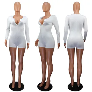 Front side and back views of a sexy white V-neck long sleeve button romper