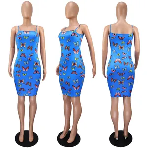 Sexy blue bodycon mini dress featuring vibrant butterfly print and spaghetti straps