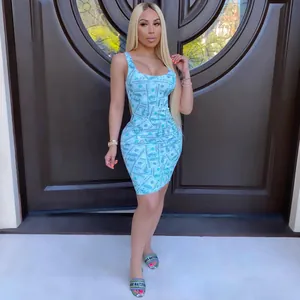Detail view of a sexy bodycon sleeveless mini dress with blue dollar bill money print