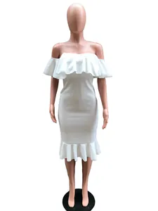 Detailed front view of the white off-shoulder midi dress with elegant ruffle trim detail