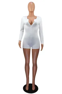 Full view of a white long-sleeve sexy V-neck romper featuring button details and a slim fit