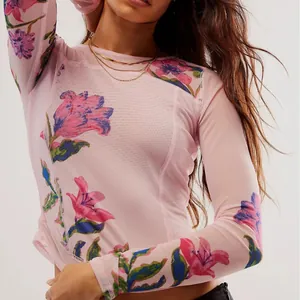T-shirt élégant à manches longues en maille double couche avec imprimé floral rose pour femme