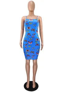 Vibrant blue bodycon dress featuring colorful butterfly prints displayed on a mannequin.