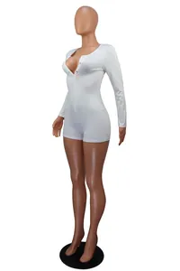 Detailed side view of white long-sleeve V-neck bodysuit with buttons on a mannequin