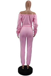 Detailed back view of a pink off-the-shoulder fleece two-piece casual tracksuit set