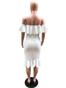 White off-the-shoulder midi dress with ruffled hem and neckline, back view detail.