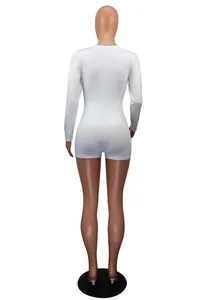 Back view of a white long-sleeved solid color romper bodysuit for comfortable loungewear