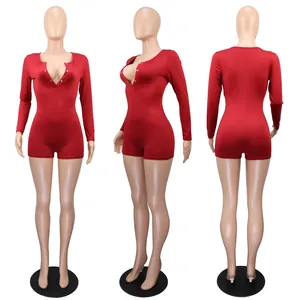 Front side and back views of sexy red V-neck long sleeve romper jumpsuit lounge wear