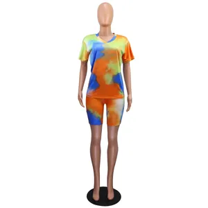 Women's vibrant tie-dye two-piece sportswear set with V-neck top and shorts