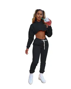 Stylish black two-piece tracksuit set for women with cropped hoodie and matching joggers