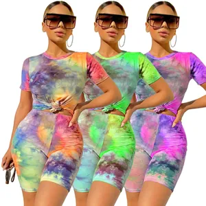 Women's Tie-Dye Two Piece Set Acetate Polyester Printed Round Neck Short Sleeve Top And Bike Shorts Casual Summer Sporty Set