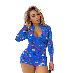Pagliaccetto blu a maniche lunghe con stampa a farfalla e scollo a V con zip donna