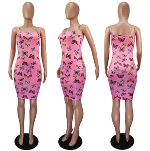 Detailed multi-angle views of pink butterfly print backless camisole dress for women