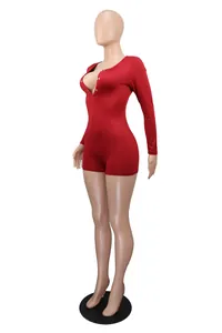 Full side profile of a sexy red long-sleeved V-neck romper with button closure details